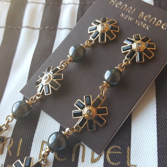 RARE Henri Bendel Black PEARL Cocktail Dangle Drop Earrings Yellow GOLD Swarovsk - Picture 3 of 10